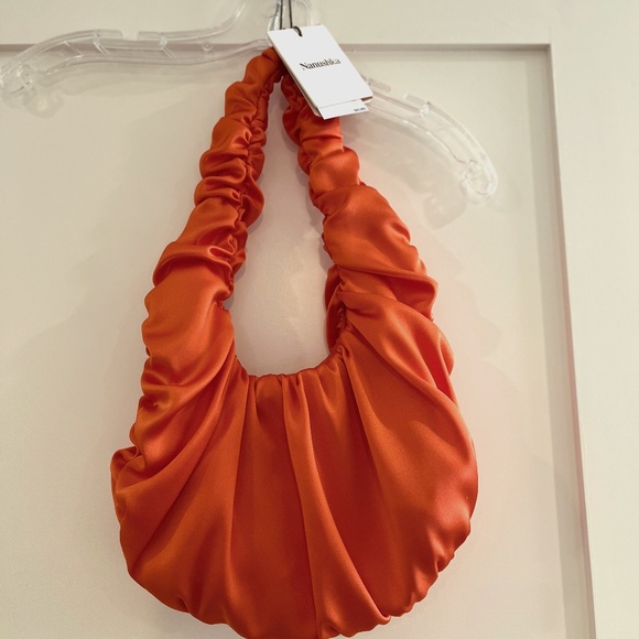 NWT Nanushka Anja Ruched Baguette Faux-Leather Shoulder Bag Orange - Picture 2 of 8